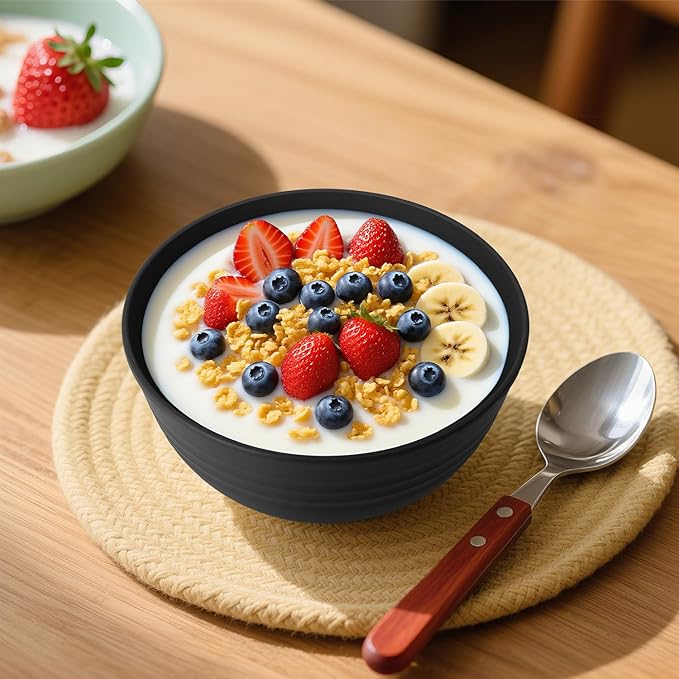 Wheat Straw Camping Bowls Sets of 6,Unbreakable 26oz Lightweight Bowls Sets for Outdoors Activity,Breakfast Bowls for Cereal and Salad.Black Series