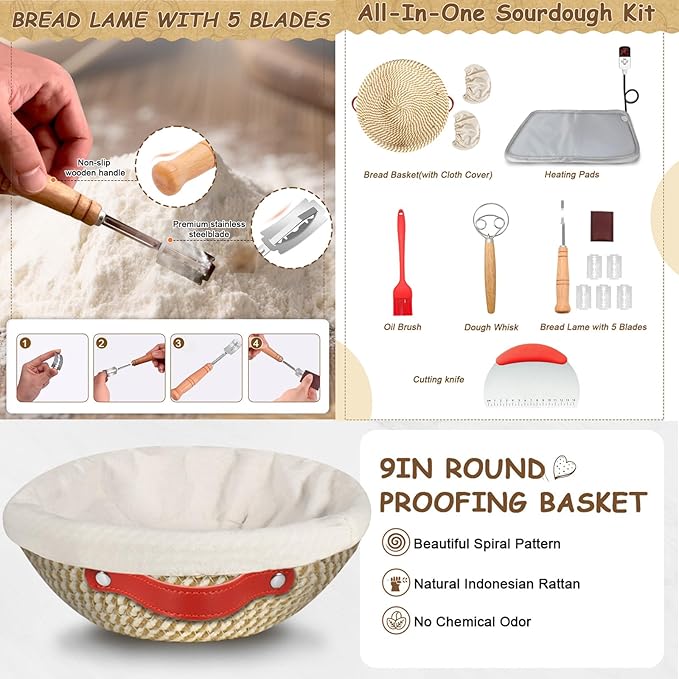 Sourdough Starter Kit Banneton Bread Proofing Basket Set w/Heating Mat,Sourdough Bread Baking Supplies, Sourdough Starter Warmer Mat,Sour Dough Kit Tools,Sourdough Kit Gifts for Bakers Women Wife Mom