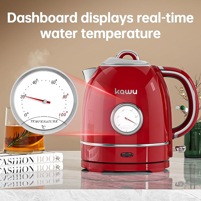 Kawu Electric Kettle, 1.3L/1.4QT Retro Electric Kettle Hot Tea Water Boiler with 304 Stainless Steel Inner, 1000W Fast Boiling Kettle with Boil-Dry Protection, Auto Shut Off, Keep Warm, Food Grade