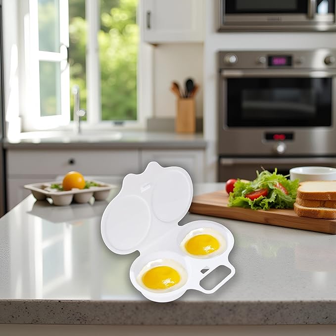 White Egg Poacher, Microwave Boiler Poacher, Poacher, 2 Cavity Nonstick Poached Egg Maker With Lid, Egg Poacher Microwave Egg Cooker, Double Drain Poached Egg Cups, (5 * 1.9in)