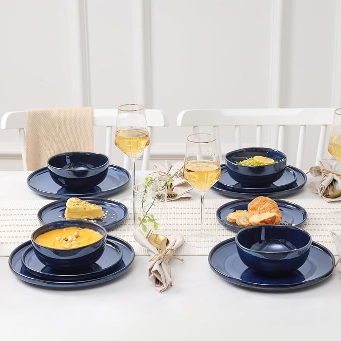 Vicrays Ceramic 18 Pieces Dinnerware Set - Dinner Plates Salad Plates Cereal Bowls Set Service for 6 - Scratch Resistant Microwave Oven Dishwasher Safe - Blue