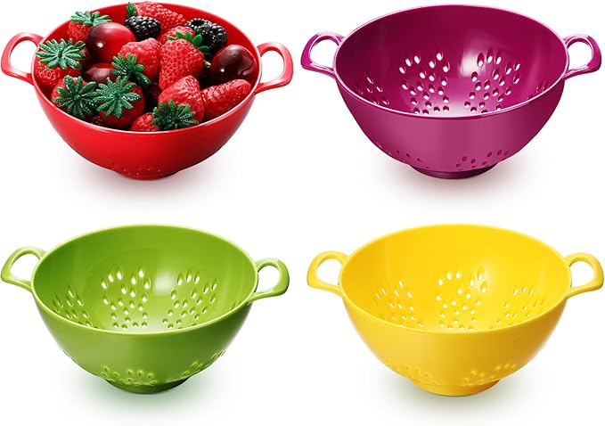 Baderke 4 Pack Mini Colander for Kitchen Plastic Berry Strainer with Double Handles 7.5 x 6 x 3 Inch Small Colander Strainer for Fruits Vegetables Food (Green, Purple, Red, Lemon Yellow)