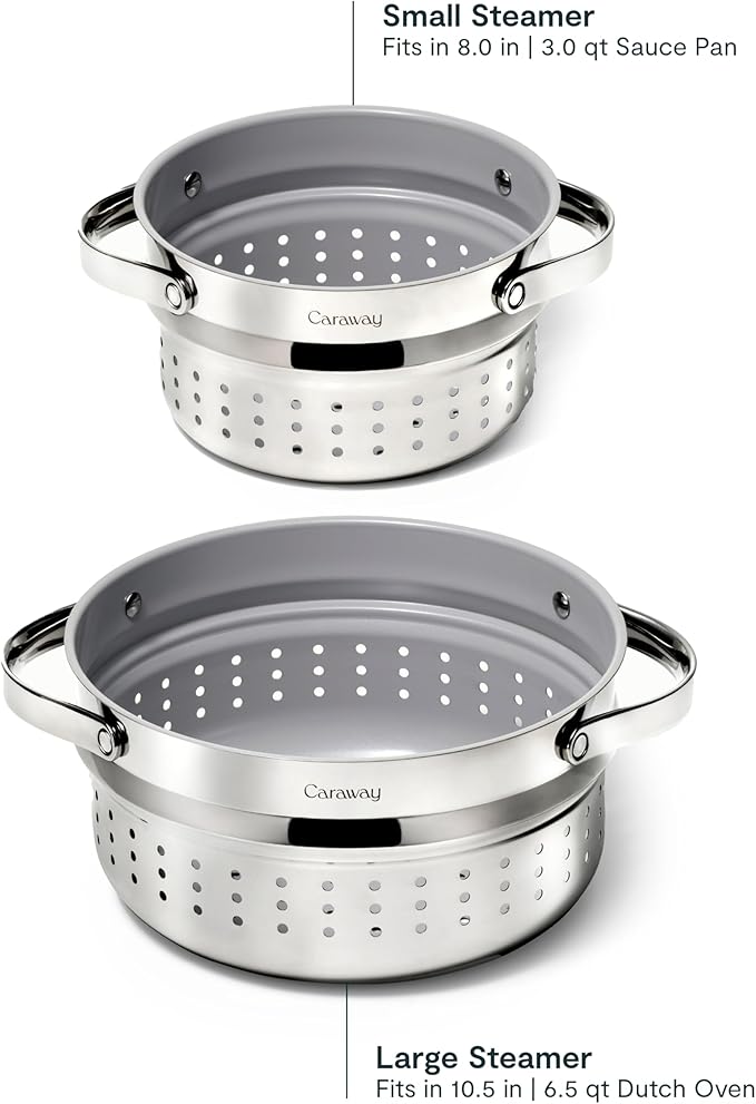 Caraway Steamer Duo - Stainless Steel Steamer with Handles - Non Stick, Non Toxic Coating - Steam Veggies, Seafood, and More - Compatible With Our Dutch Oven or Sauce Pan