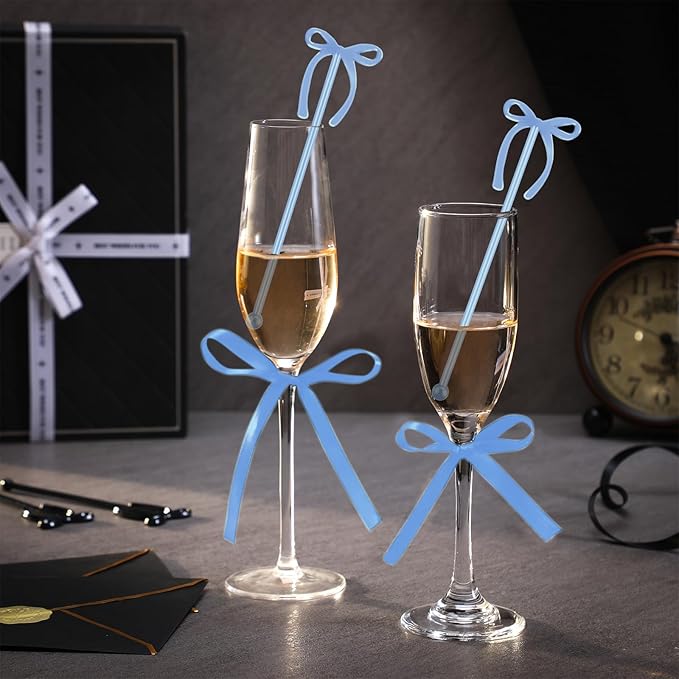 30 Pcs 6 Inch Bow Drink Stirrers, Bow Stir Sticks Coffee Stirrers Reusable Plastic Swizzle Sticks for Wedding Birthday Bridal Cocktail Decorations Supplies(Blue)