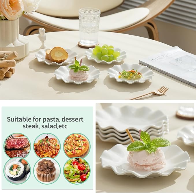 OMAYKEY 6 Inch Ceramic Dessert Plates Set of 18, Small Salad Plates, Porcelain Wave Rim Dinner Plates, Mini Appetizer Plates for Cake Waffles Snacks Side Dish, Oven Microwave Dishwasher Safe, White