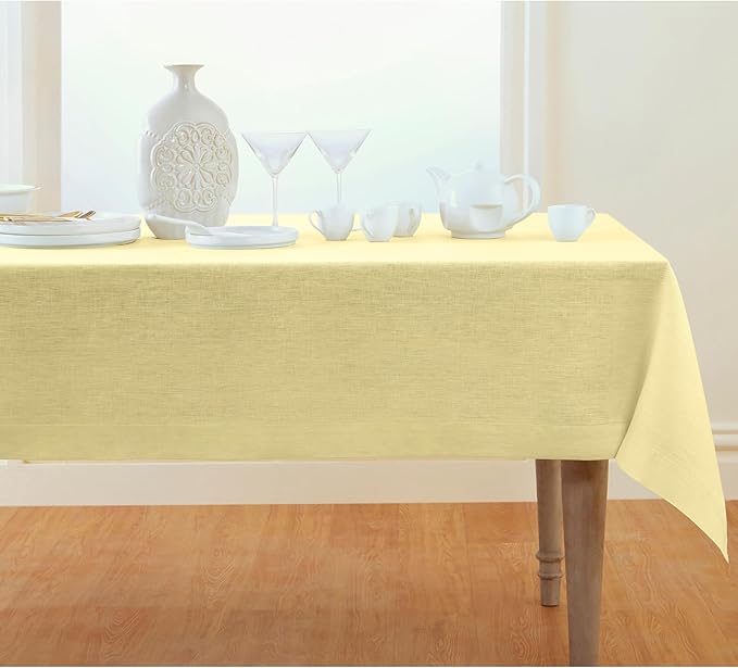 Solino Home Linen Tablecloth 60 x 120 Inch - 100% Pure Linen Chambray Yellow Table Cloth for Rectangular Tables - Athena, Machine Washable Cloth Tablecloth for Summer