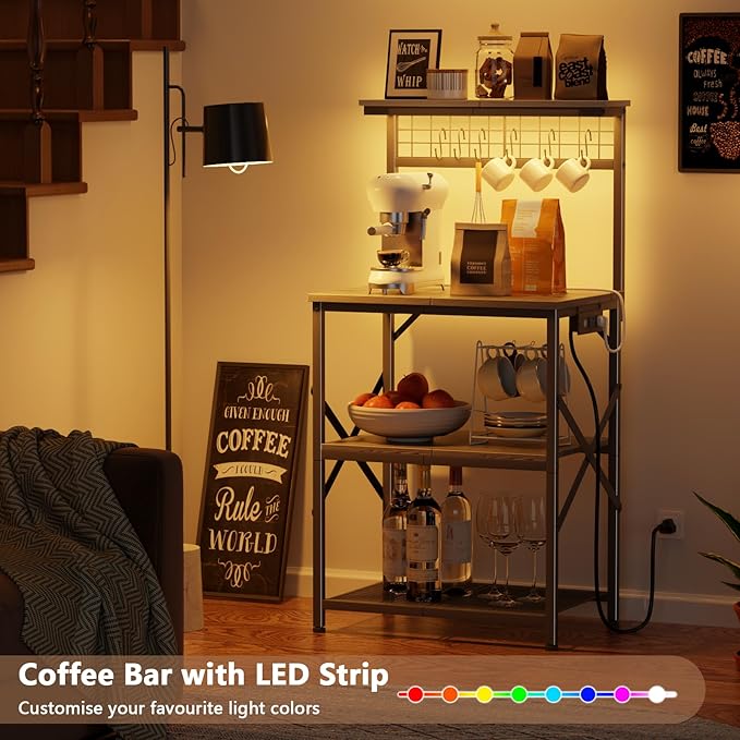 Furologee Bakers Rack with Power Outlet and LED Light, Small Coffee Bar Station with 4 Tier Shelves, Microwave Stand Table with 6 S Hooks, Kitchen Storage Rack for Spices, Pots, Black Oak