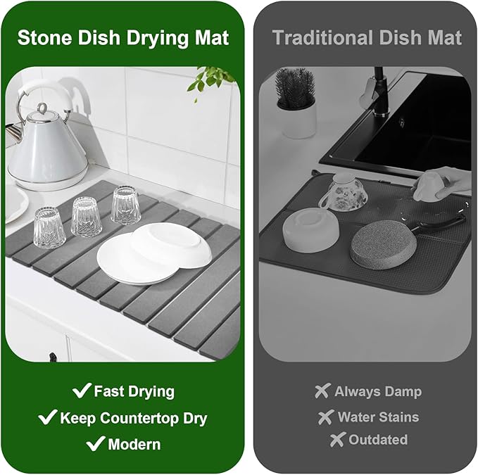 Large Stone Dish Drying Mat For Kitchen Counter, 24 x 16 Inch Collapsible Stone Drying Mat, Quick Dry Absorbent Diatomaceous Earth Mat, Self-Drying Dish Drying Mat For Dishes Sink Bathtub-Gray