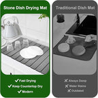 Large Stone Dish Drying Mat For Kitchen Counter, 24 x 16 Inch Collapsible Stone Drying Mat, Quick Dry Absorbent Diatomaceous Earth Mat, Self-Drying Dish Drying Mat For Dishes Sink Bathtub-Gray