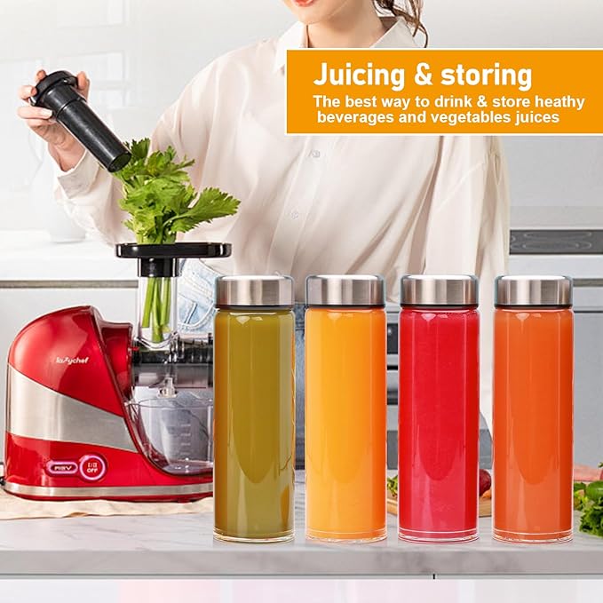 16oz Juice Bottles with Lids,4 Pack Wide Mouth Glass Bottles with Stainless Steel Cap,Reusable Glass Water Bottles for Juicing, Smoothies, Infused Water,Beverage Storage,BPA Free,Leakproof