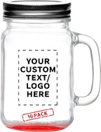 DISCOUNT PROMOS Custom Libbey Handle Mason Jars w/Lids 16 oz. Set of 10, Personalized Bulk Pack - Traditional style, High standard - Red