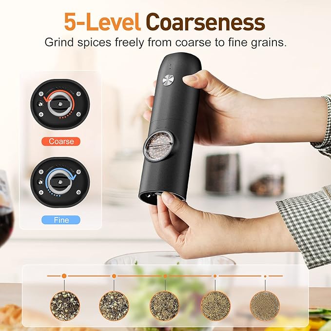 Electric Salt and Pepper Grinder Set, Rechargeable Automatic Pepper Mill Grinder with LED Light, Adjustable Coarseness shakers, One-Hand Operation for kitchen appliances(2 Pack,Black+White)