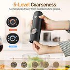 Electric Salt and Pepper Grinder Set：Rechargeable Automatic Pepper Mill Grinder with LED Light, Adjustable Coarseness shakers, One-Hand Operation for Kitchen(1 Pack,Black)