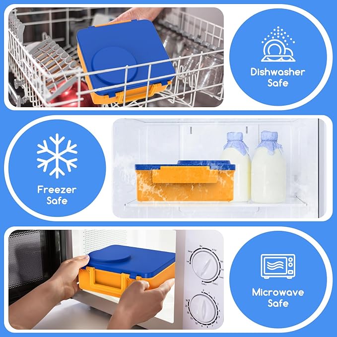 Bento Box for Kids - Leak-Proof Lunch Box with Insulated Thermos Food Jar - 4 Compartments, 1 Removable Divider, 1Spoon, 1 Fork - Dishwasher Safe, BPA-Free (Blue)