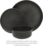 Gibson Elite Pasco 12 Piece (Service for 4) Plates and Bowls Reactive Glaze Dishes Stoneware Ceramic Dinnerware Set - Black
