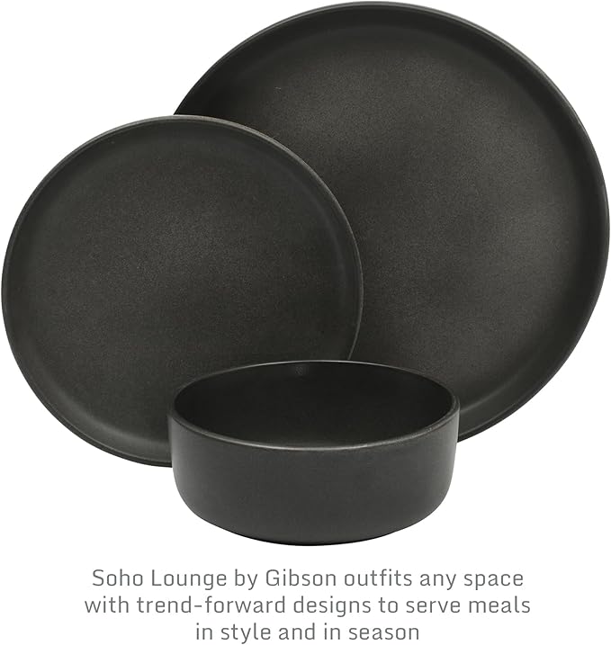 Gibson Elite Pasco 12 Piece (Service for 4) Plates and Bowls Reactive Glaze Dishes Stoneware Ceramic Dinnerware Set - Black