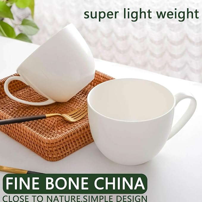 Chulan 22 oz Extra Large Bone China Cereal Mug Set of 4, Oversize White Ceramic Latte Mugs, Jumbo Soup Mugs Coffee Cups with Handles for Chocolate Cocoa Beverage Milk Salads Yogurt, Microwave Safe