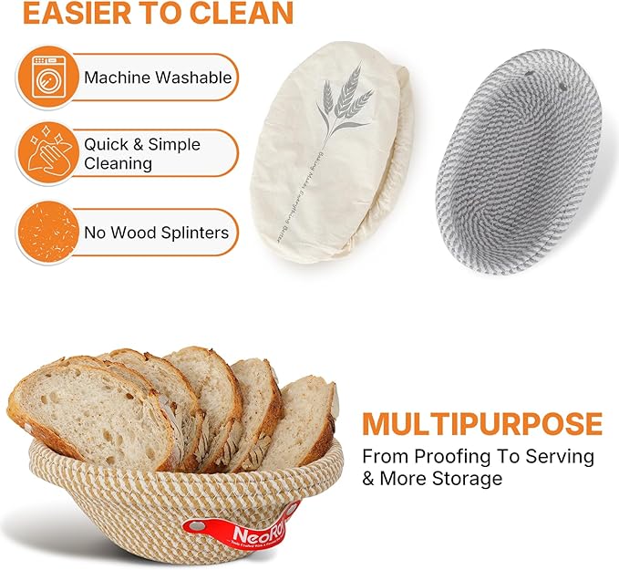 Banneton Bread Proofing Basket Set - Oval & Round Sourdough Proofing Baskets - Sourdough Proofing Bowls Bread Baking Supplies With Liner & Cloth Cover - Cotton Rope Banneton Basket for Baking