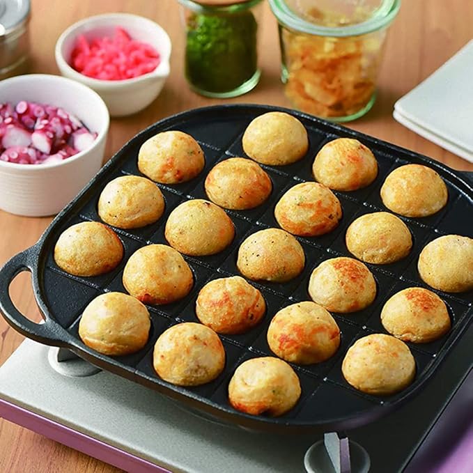 TIKUSAN Takoyaki Pan Cast Iron Takoyaki Maker Skillet Griddle Japanese Octopus Meat Ball Mold Maker for Gas Heater (21 Molds)