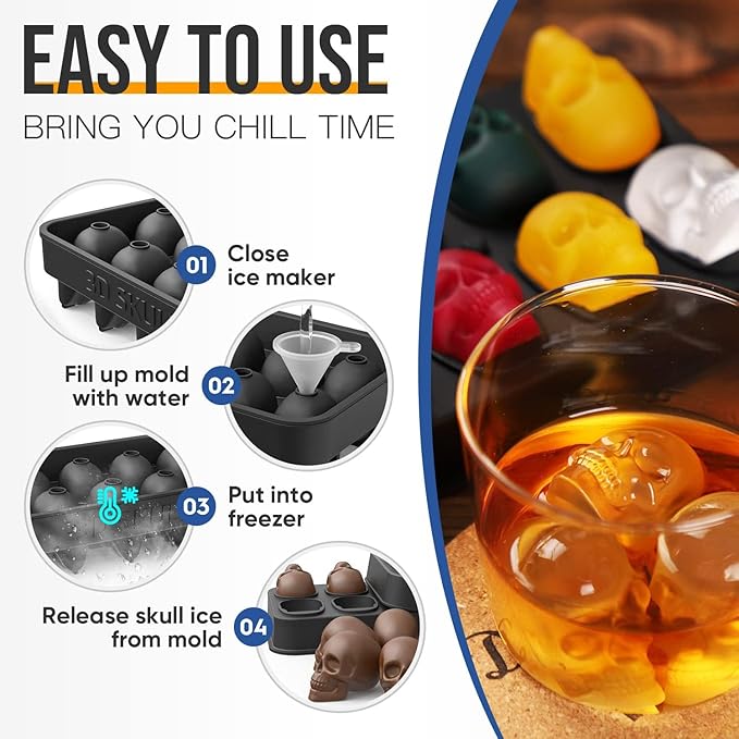 3D Skull Ice Cube Mold Tray -Novelty Shaped Ice Maker for Whiskey Cocktails Drinkers,Bartenders,Easy Release Silicone kull Molds,Baking Chocolate Candy,Home Bars