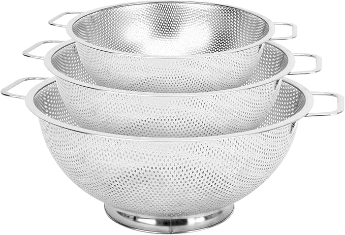 3PCS Colander for Kitchen, 3QT & 4QT & 5QT, Stainless Steel Colander Strainer with Handle for Fruits Vegetables Cooking Food, Dishwasher Safe