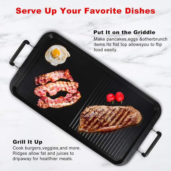Vayepro 2-in-1 Stove Top Griddle & Grill Pan, 20 Inch Non-Stick Double Burner Griddle for Gas, Electric, and Camping Stoves, Perfect for Pancakes, BBQ, and Indoor/Outdoor Cooking