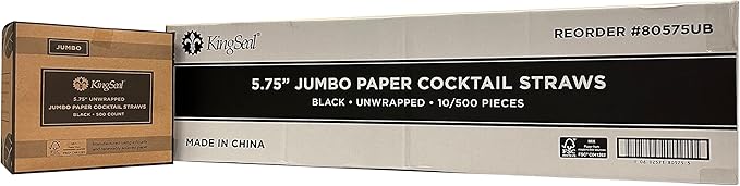 2,000 Count | Kingseal FSC Certified Paper Cocktail Straws, Stirrers, Unwrapped, 5.75 Inch Length x 6mm Diameter, BLACK, "Jumbo" Size, Biodegradable, Earth Friendly, Bulk Pack - 4 Boxes x 500