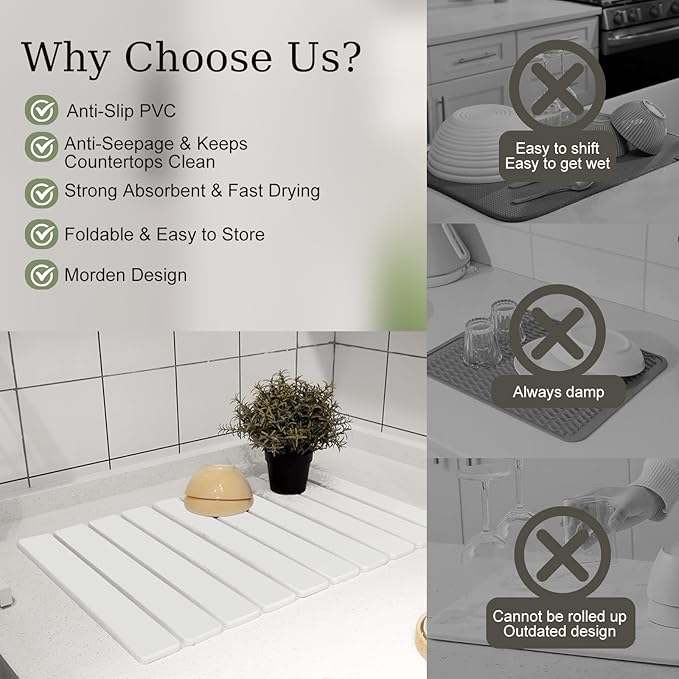 Hopegiver Stone Drying Mat for Kitchen Counter, 23.62"x15.35" Collapsible Quick Dry Dish Drying Mat, Super Absorbent Diatomaceous Earth Mat for Dishes Bottles Cups Bathroom, White with Sanding Block