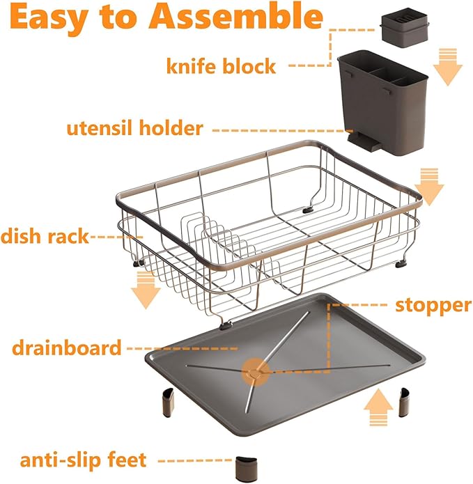 Stainless Steel Dish Drying Rack with Drainboard Dish Drainers for Kitchen Counter Extendable Spout Strainers with Utensil Holder and Knife Slots, Grey
