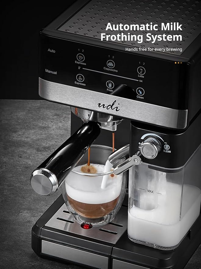 UDI Espresso Machine, 20 Bar Cappuccino & Latte Coffee Maker with Automatic Milk Frother, Auto or Manual Quick Brew Dual Boiler, Touchscreen Espresso Maker, Black