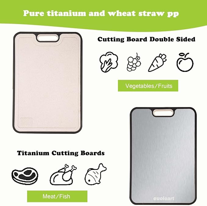 Titanium Cutting Boards for Kitchen, Cutting Board Double Sided Food Grade, Pure Titanium and Wheat Straw PP, Dishwasher Safe Easy to Clean Large Size 16”×11”