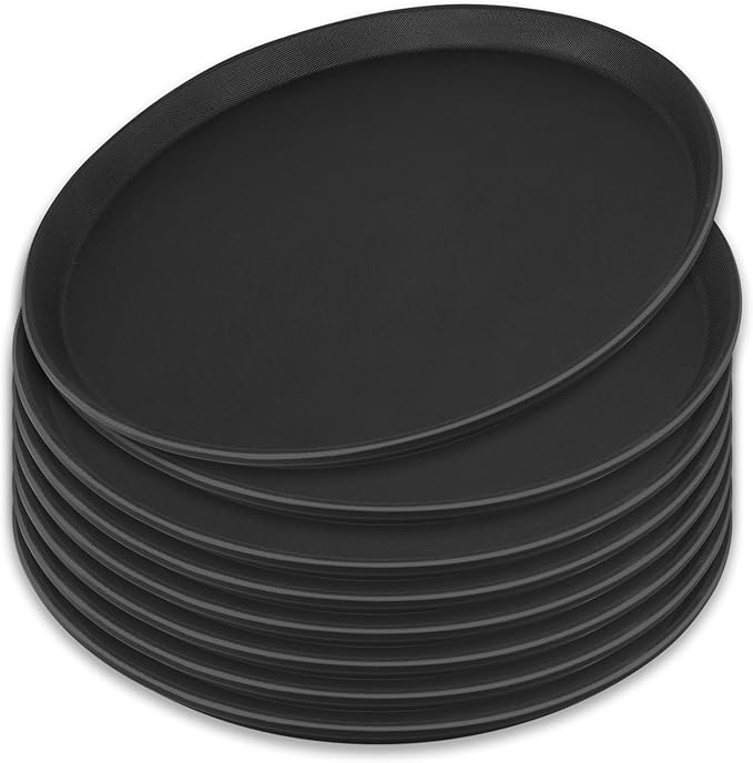 8Pcs Black Round Restaurant Serving Trays, Plastic Non Slip Surface Circle Fruit Appetizer Flat Tray Food Drink Server Tray with Raised Edges for Home, Restaurant, Cafeteria, Bar, Cocktail (11 in)