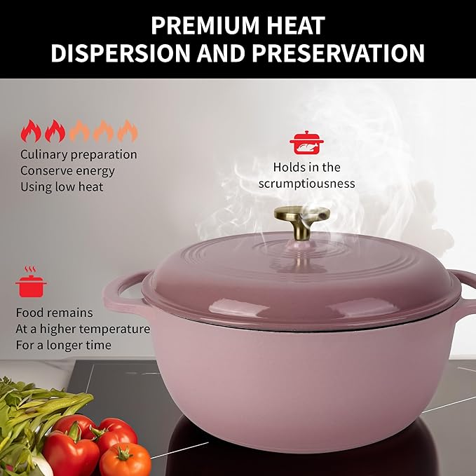 5.5 Quart Enameled Cast Iron Dutch Oven with Lid – Heavy-Duty Cookware for Bread, Braising, and Stews – Dual Handles, Oven Safe to 500°F – Ideal for Stovetop & Oven Cooking (Pink, 5.5QT)