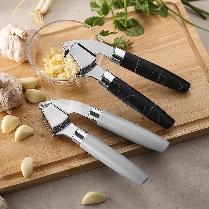 Stainless Steel Garlic Press for squeezing out garlic paste Garlic peeler,Mincing Garlic crusher,Easy Squeeze, Dishwasher Safe,Black,By Amber & Sean(Black Marbled)
