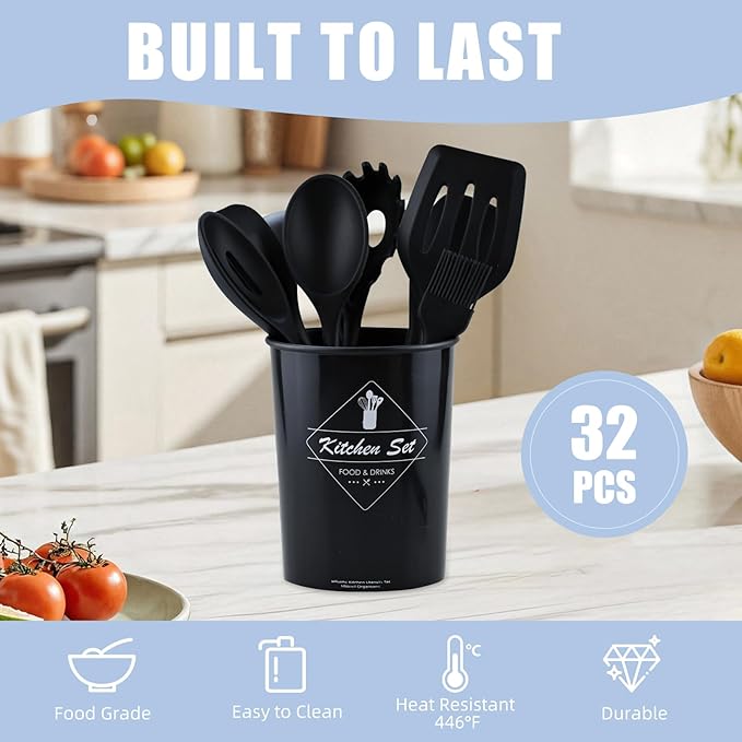 Kitchen Cooking Utensils Set Silicone Spatula Set-446°F Heat Resistant, Nonstick Black Cooking Set with Spatula, Spoon, Brush, Tongs Cooking Tools for New Kitchen/Home Essentials(32PCS)