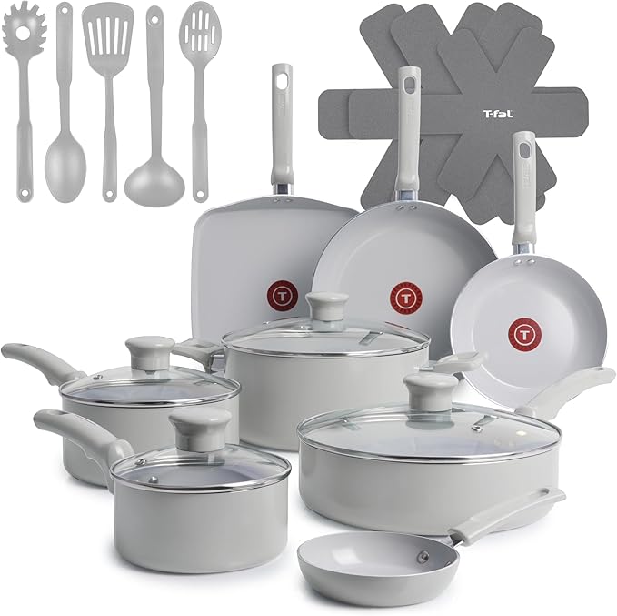 T-Fal Refresh Ceramic Pots and Pans Set, 20-Piece Nonstick Cookware Set, Stockpot, Griddle, Frying Pans, Utensils, Moon Grey