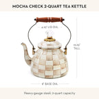 MACKENZIE-CHILDS Enamel Tea Kettle, Stylish Tea Kettle for Stovetop, Brown-and-White Mocha Check, 2 Quarts
