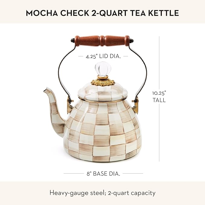MACKENZIE-CHILDS Enamel Tea Kettle, Stylish Tea Kettle for Stovetop, Brown-and-White Mocha Check, 2 Quarts