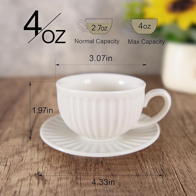 4 oz White Espresso Cups Set of 2, Ceramic Cappuccino Cups with Saucers, Durable Porcelain Tea Set & Modern Coffee Cup Collection, Coffee Lover Gifts