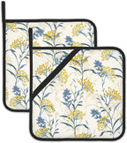Vintage Floral Plan Pot Holders Set of 2 Heat Resistant Potholders,Yellow Blue Fire Oven Hot Pads for Kitchen Cooking Baking Barbecue