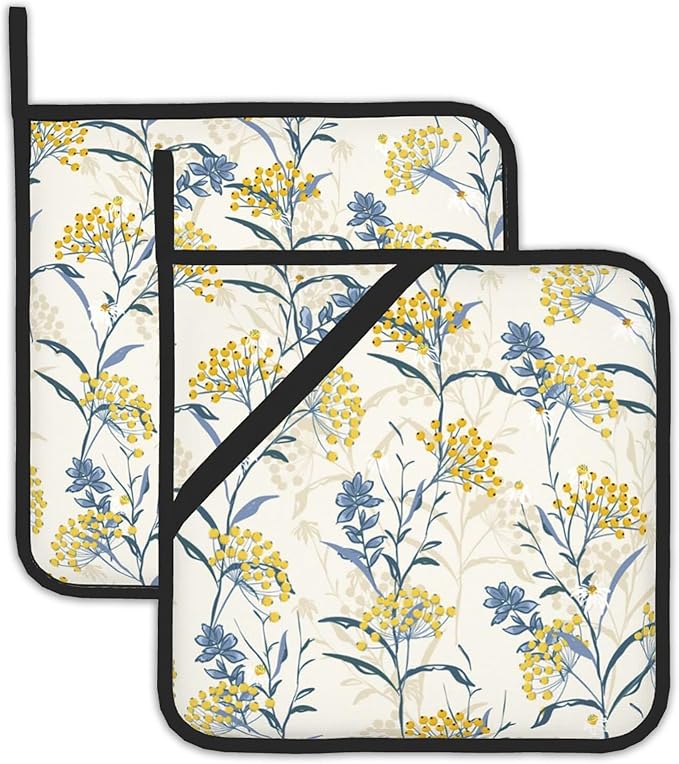 Vintage Floral Plan Pot Holders Set of 2 Heat Resistant Potholders,Yellow Blue Fire Oven Hot Pads for Kitchen Cooking Baking Barbecue