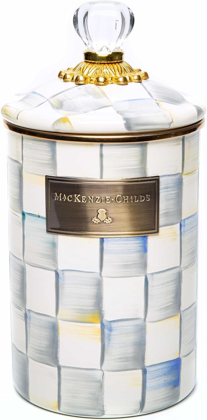 MACKENZIE-CHILDS Large Enamel Canister, Kitchen Storage Container for Flour and Sugar, 1.89 Liters, Grey-and-White Sterling Check