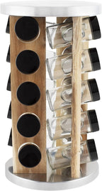 Orii Natural Acacia Wood Spice Rack with 20 EMPTY jars with Black Plastic Lids and FREE Stainless Steel Funnel and Labels