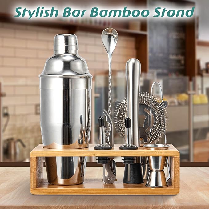 Cocktail Shaker Set, Mixology Bartender Kit 10-Piece Bar Tools Set with Stylish Bamboo Stand, Bar kit: Martini Shaker Muddler Jigger with All Essential Accessory Tools Gifts for Men Dad