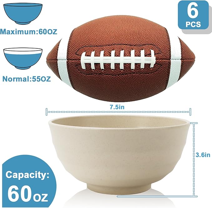 Wheat Straw Bowls 60 OZ Large Salad Bowl Set of 6, Microwave and Dishwasher Safe Plastic Serving Bowls, Unbreakable Kitchen Bowl, Big Bowls for Eating, Soup, Popcorn and Ramen (Beige)