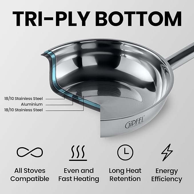 GIPFEL INTERNATIONAL Stainless Steel Frying Pan 12 Inch - Tri Ply Stainless Steel Skillet Healthy Non Toxic Cookware - Fry Pans for Induction Gas Electric Ceramic Stove & Oven Safe (12 Inch)