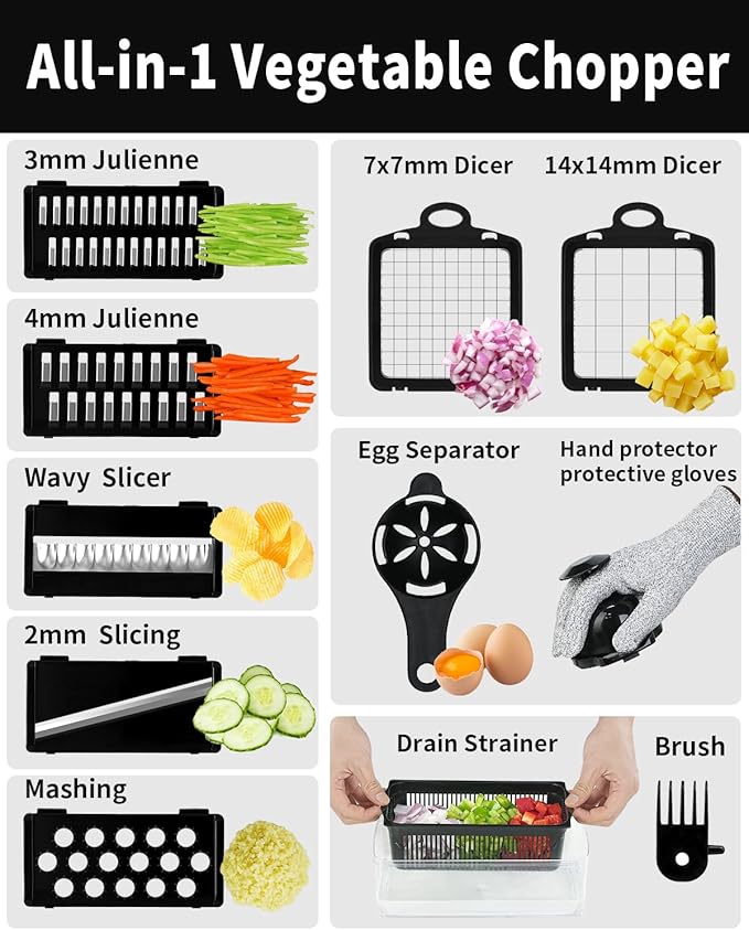 12 in 1 Vegetable Chopper Spiralizer Mandoline Slicer, Dicer Shredder Julienne Food Veggie Onion Chopper Cheese Grater with Container Salad Cutter Multi All-in-1 Kitchen Gadgets & Home Essentials