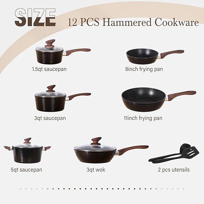 Kitchen Academy Induction Pots and Pans Set Non Stick - 12 Pcs Nonstick Kitchen Cookware Set, Black Hammered Cooking Pans Set