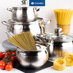 Daniks Classic 12-Piece Stainless Steel Cookware Set with Glass Lids, Includes Saucepan and Frying Pan with Lid, Tri-Ply Bases for Even Heating, Induction Compatible, Dishwasher Safe