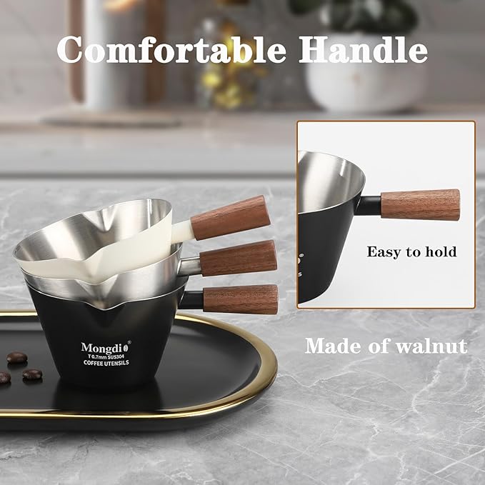 Mongdio Espresso Measuring Cup, Stainless Steel Espresso Shot Cups with Wooden Handle and Double Spouts, 6.8OZ/200ML, White